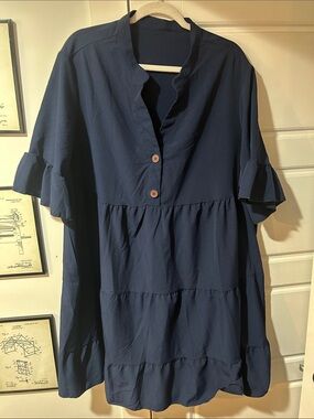 SHEIN Navy Blue Tiered Ruffle Sleeve Button-Front Dress